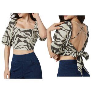 Halara Square Neck Puff Sleeve Backless Tie Back Zebra Stripe Crop Top Sz Medium